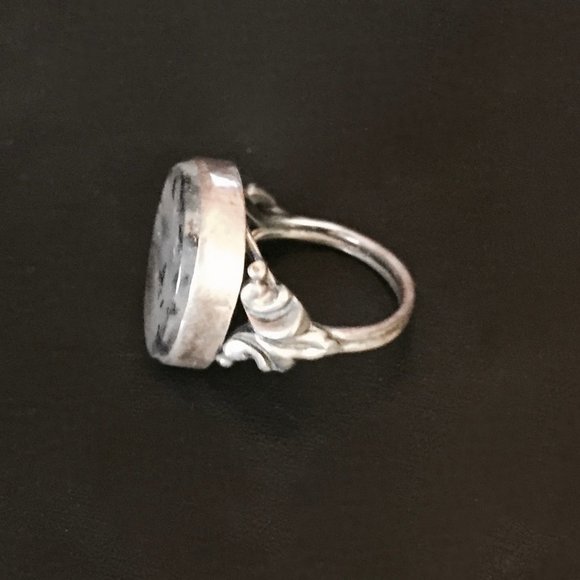 Art Nouveau Moss Agate Silver Ring , Size 7 - Picture 2 of 2